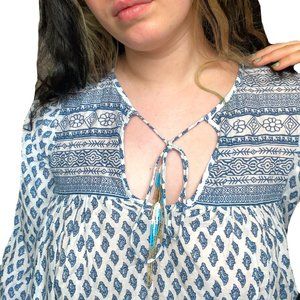 Zara Long Sleeve Paisley Boho Maxi Dress Cotton Blue/White